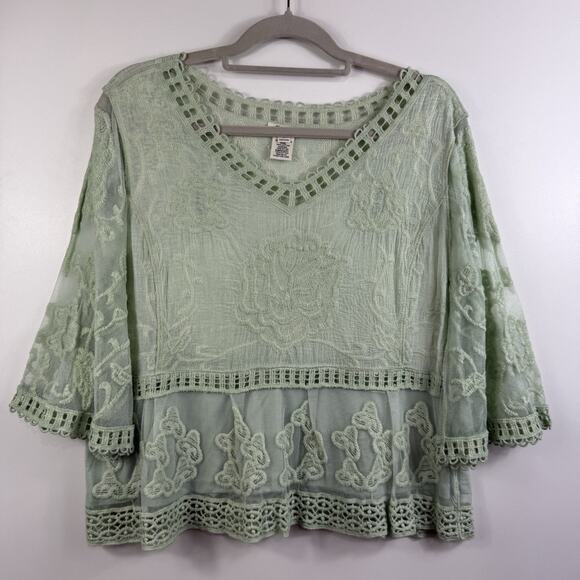 Bohemian Crochet Mesh Ultra Pink Top Large Mint Green Bell Sleeve Embroidered - Picture 13 of 13